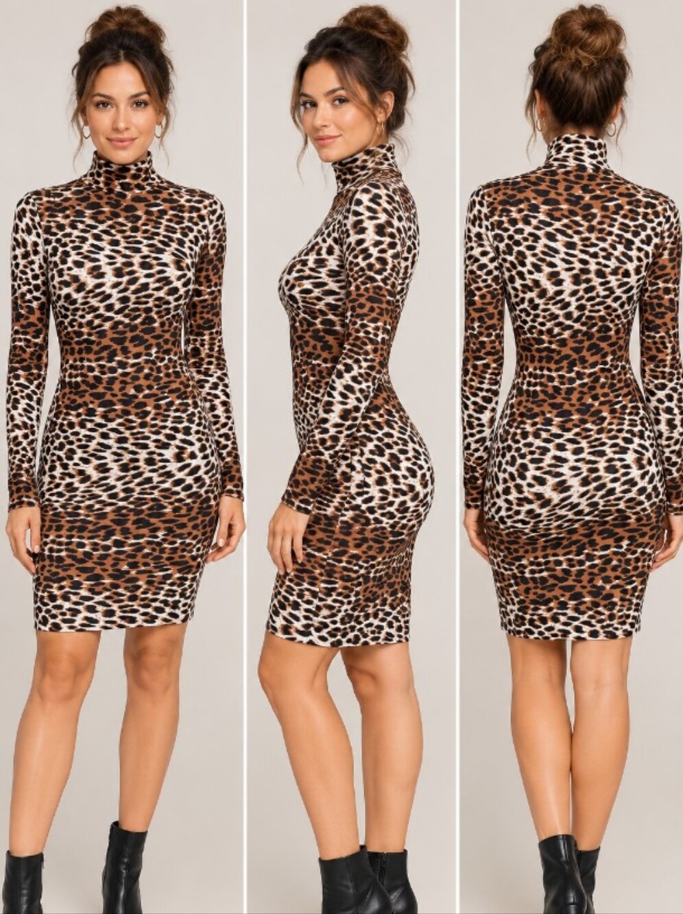 Size M/L Y2K Leopard Print Turtleneck Bodycon Dress - Brown